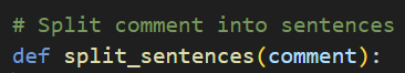 Python code, splitting each comment into sentences